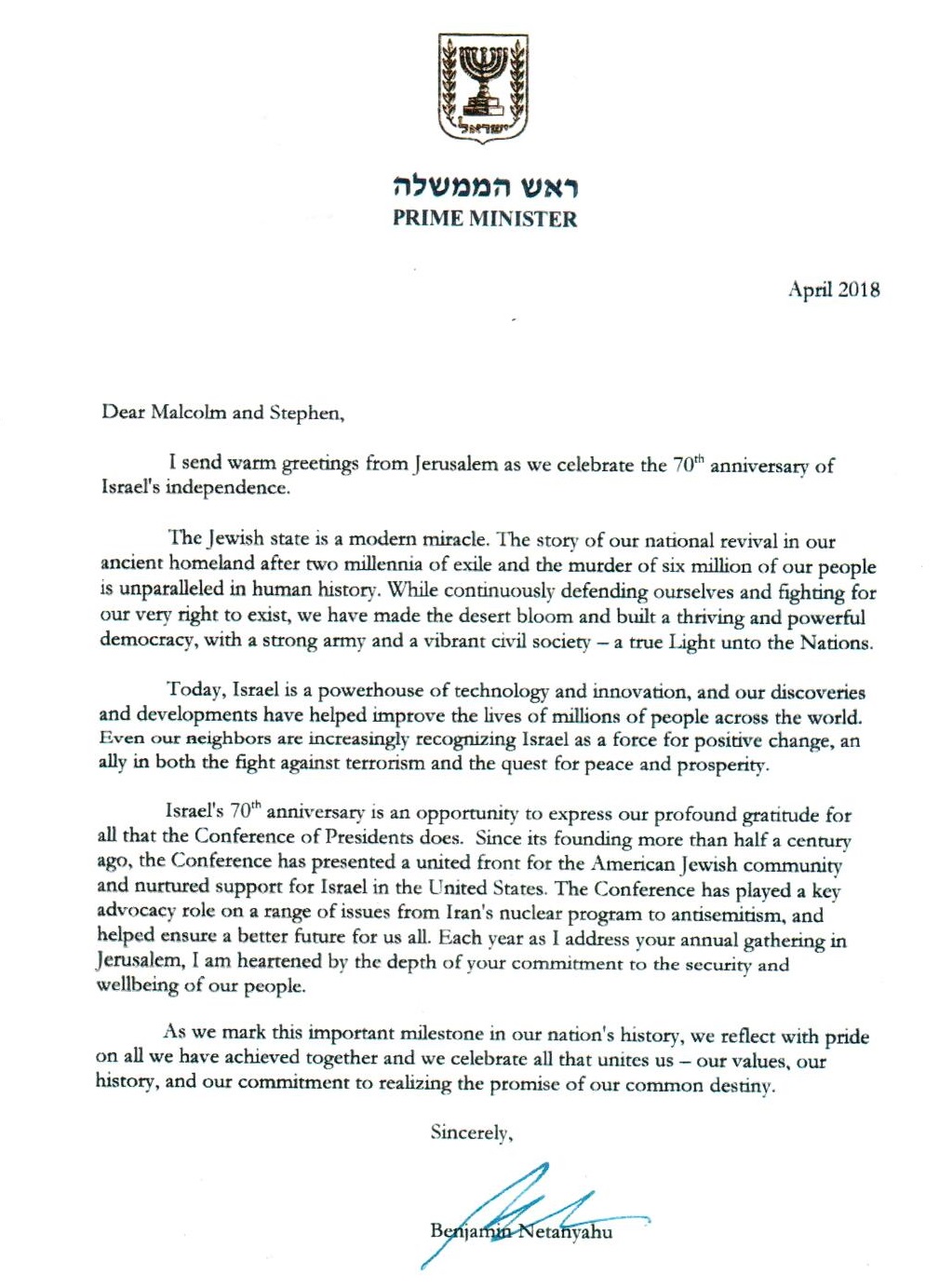 Letter From The Prime Minister Of Israel – American Zionist Movement