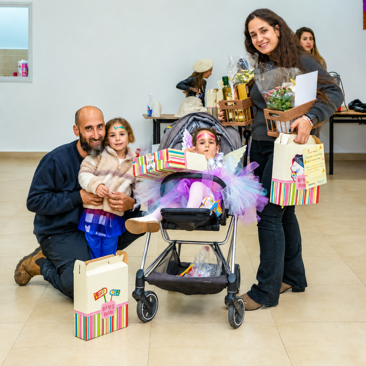 Family with Purim gifts during the 2024 Purim Connection campaign
